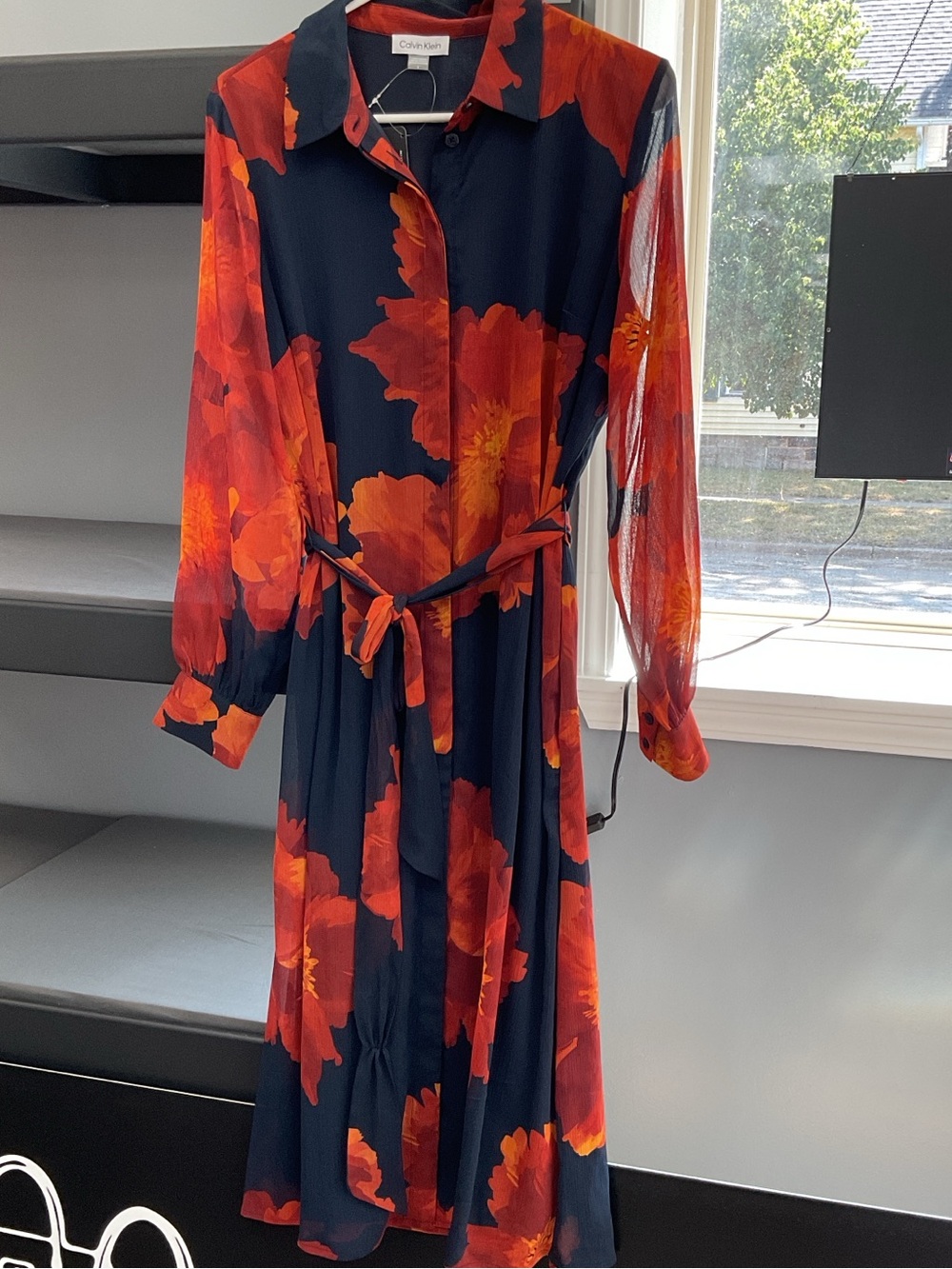 Calvin Klein Navy Dress with Red-Orange Floral Print